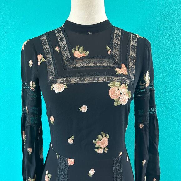 Reformation Sachi Dress Aphrodite Floral Black Long Sleeve Mini Party Size 0 - Picture 4 of 8